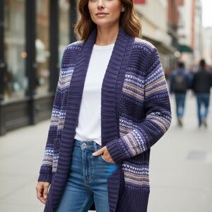 Jason Maxwell Women's Blue Tan White Fair Isle Striped Sweater Cardigan Medium